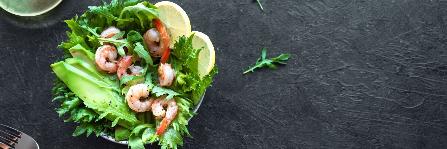 Shrimp salad, avocado, and grapefruit